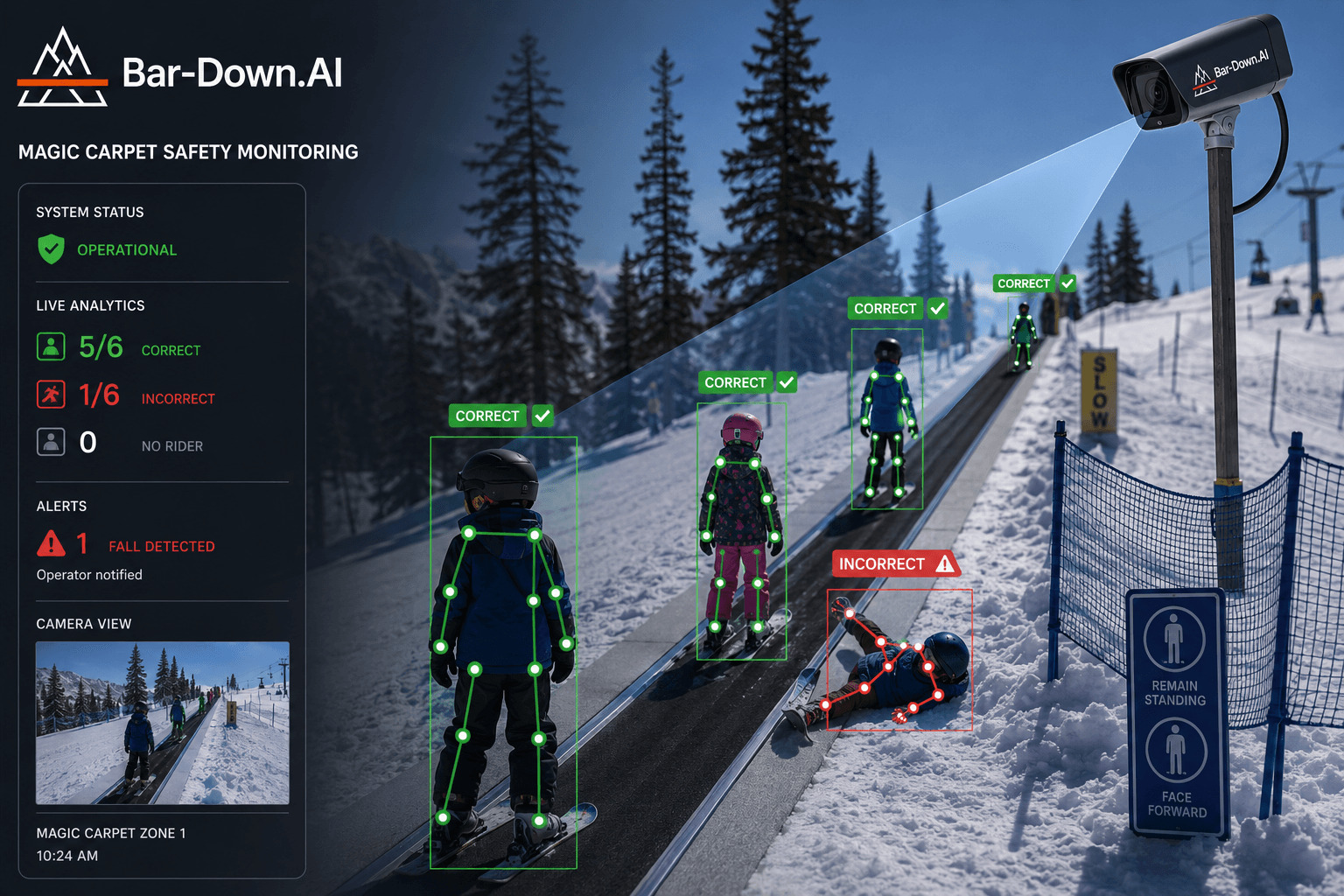 Bar-Down.AI magic-carpet safety monitoring — detecting correct rider posture, flagging falls, and alerting operators in real time.