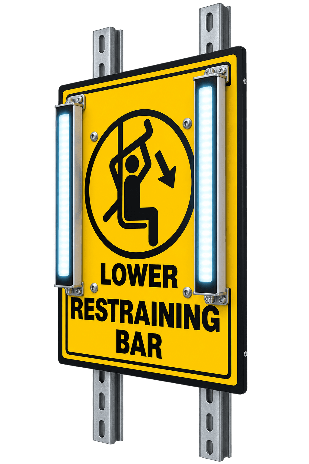 Bar-Down.AI guest alarm panel: a yellow Lower Restraining Bar sign with two lit LED bars, mounted on strut channel